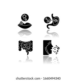 Viral infections drop shadow black glyph icons set. Schistosomiasis, herpes, helicobacter pylori and pertussis. Different bacterial infections isolated vector illustrations on white space