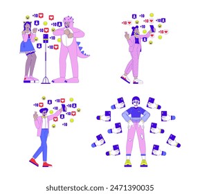 Viral influencers on social media 2D linear illustration concept set. Multicultural vloggers cartoon characters isolated on white. Popularity metaphors abstract flat vector outline graphic collection