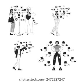 Viral influencers on social media black and white 2D illustration concept set. Multicultural vloggers cartoon outline characters isolated on white. Popularity metaphor monochrome vector art collection