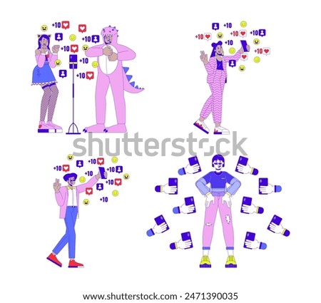 Viral influencers on social media 2D linear illustration concept set. Multicultural vloggers cartoon characters isolated on white. Popularity metaphors abstract flat vector outline graphic collection