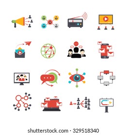 Viral marketing advertisement replicating technique via social media service technologies flat icons set abstract isolated vector illustration