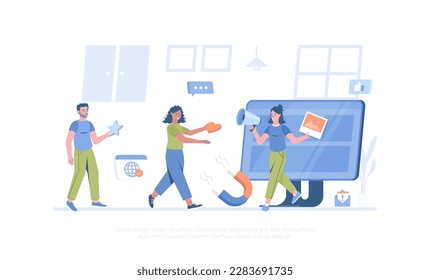 Viral Marketing, Advertising and Promotion. Social media sharing. Cartoon modern flat vector illustration for banner, website design, landing page.	
