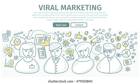 Viral marketing banner in linear style. Social marketing, consulting center concept. Pay per click, viral video, online technology, service communication, support call, consultant operator. Vector