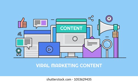 Viral marketing - Viral content - Content marketing gone viral flat line vector banner with icons