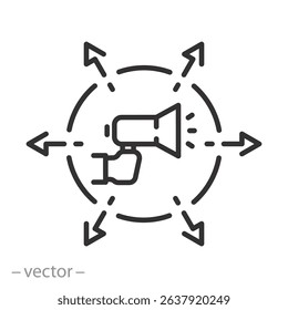 viral marketing icon, promotion content, digital advertising, megaphone with arrows, thin line symbol on white background - editable stroke vector illustration eps10