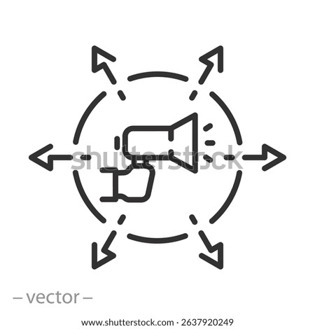 viral marketing icon, promotion content, digital advertising, megaphone with arrows, thin line symbol on white background - editable stroke vector illustration eps10