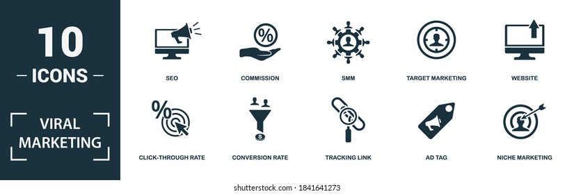 Viral Marketing icon set. Collection of simple elements such as the affiliate network, offer, click-through rate, conversion rate. Viral Marketing theme signs.
