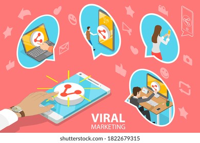 Viral Marketing and Social Media Sharing. 3D Isometric Flat Vector Conceptual Illustration.