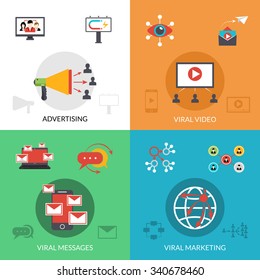 Viral marketing strategic video and social networks mail 4 flat icons square banner abstract isolated vector illustration
