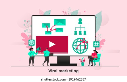 Viral marketing web concept design in flat style. Spreading marketing message about valuable product or service scene visualization. Vector illustration with tiny people characters in life situation.