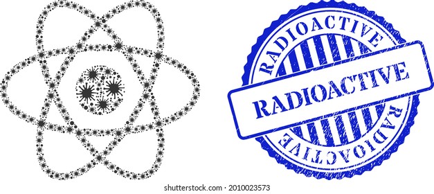 Viral mosaic atom icon, and grunge RADIOACTIVE seal stamp. Atom mosaic for pandemic images, and dirty round blue stamp imprint. Vector mosaic is designed from randomized contagious parts.