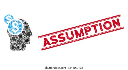 Viral mosaic business thinking icon and red Assumption seal between double parallel lines. Mosaic vector is designed from business thinking icon and with random amoeba items.