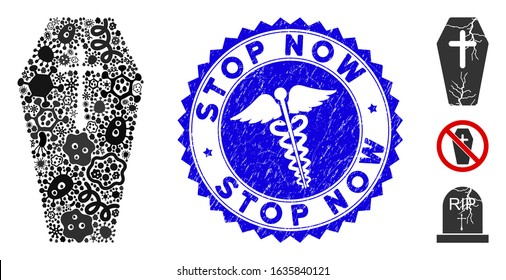 Viral mosaic christian coffin icon and rounded rubber stamp seal with Stop Now caption and caduceus icon. Mosaic vector is formed from christian coffin icon and with randomized viral objects.