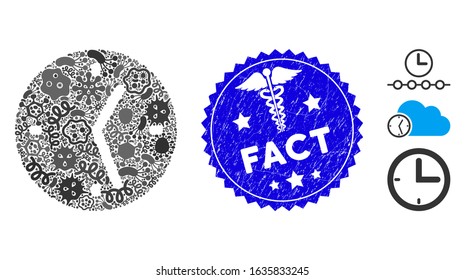 Viral mosaic clock icon and rounded corroded stamp watermark with Fact caption and clinic icon. Mosaic vector is created from clock icon and with scattered viral symbols. Fact stamp uses red color,