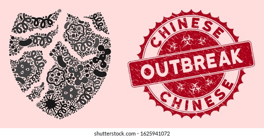 Viral mosaic corrupted shield icon and round grunge stamp seal with Chinese Outbreak phrase. Mosaic vector is composed from corrupted shield icon and with randomized infection items.