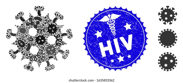 Viral mosaic HIV virus icon and rounded corroded stamp watermark with HIV caption and clinic icon. Mosaic vector is designed from HIV virus icon and with random viral icons. HIV stamp uses red color,