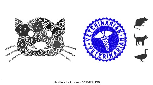 Viral mosaic kitty icon and round corroded stamp seal with Veterinarian caption and caduceus icon. Mosaic vector is designed with kitty icon and with random viral symbols.