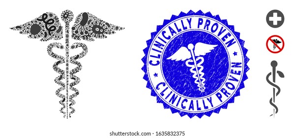 Viral Mosaic Medical Caduceus Emblem Icon And Round Distressed Stamp Seal With Clinically Proven Phrase And Medical Icon.