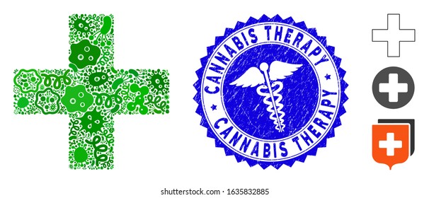 Viral mosaic plus icon and round rubber stamp seal with Cannabis Therapy phrase and health care symbol. Mosaic vector is formed with plus icon and with randomized contagion items.