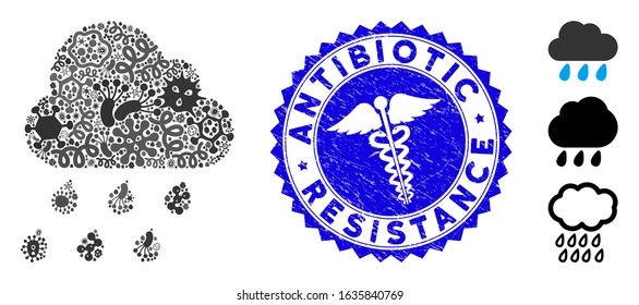 Viral mosaic rain cloud icon and round rubber stamp seal with Antibiotic Resistance phrase and medic symbol. Mosaic vector is designed with rain cloud icon and with random epidemic objects.