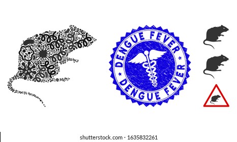Viral mosaic rat icon and rounded corroded stamp watermark with Dengue Fever phrase and doctor icon. Mosaic vector is formed with rat icon and with random amoeba objects.