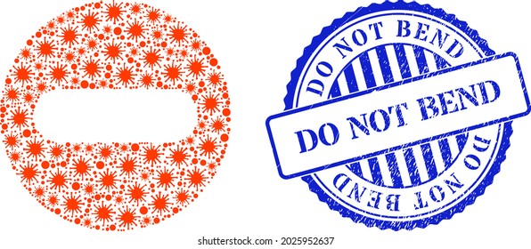 Viral mosaic remove icon, and grunge DO NOT BEND seal. Remove collage for breakout templates, and unclean round blue stamp seal. Vector collage is formed with random viral elements.