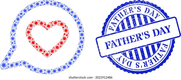 Viral mosaic romantic heart message icon, and grunge FATHERS DAY seal stamp. Romantic heart message mosaic for pandemic images, and dirty round blue stamp seal.