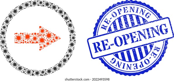 Viral mosaic rounded right arrow icon, and grunge RE-OPENING seal stamp. Rounded right arrow collage for pandemic templates, and grunge round blue watermark.