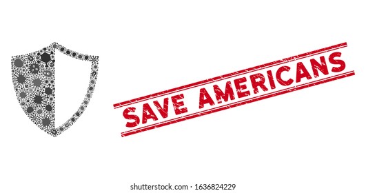 Viral mosaic shield icon and red Save Americans seal between double parallel lines. Mosaic vector is designed with shield icon and with random flu symbols. Save Americans stamp seal uses red color,