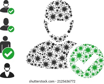 Viral mosaic valid masked man icon, and more icons. Valid masked man mosaic for medical templates. Vector collage is constructed of random viral icons.