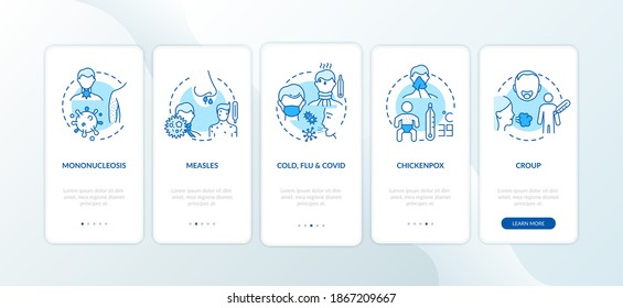 Virale Pharyngitis verursacht Onboarding Mobile App Page mit Konzepten. Mono, Masern, Windpocken Gehen Sie durch 5 Stufen grafische Anweisungen. UI-Vektorvorlage mit RGB-Farbillustrationen