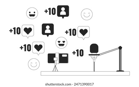 Viral podcast recording studio black and white 2D illustration concept. Likes new follows over phone shooting, mic cartoon outline object isolated on white. Social media metaphor monochrome vector art