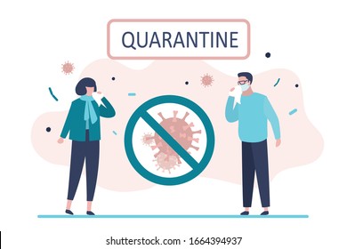 Viral quarantine concept. Sick masked people. Male and female character people sneeze and cough. Virus covid-19. Disease and Epidemic Spread. Trendy style vector illustration