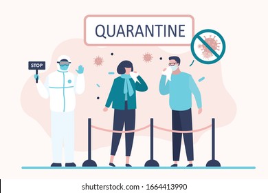 Viral quarantine concept. Sick masked people. Characters sneeze and cough. Virus covid-19. Doctor in special protective uniform holding board with text -stop. Disease and Epidemic Spread. Flat Vector