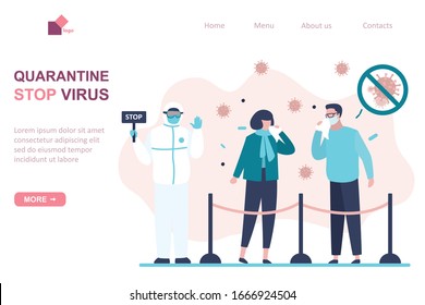 Viral quarantine landing page template. Sick masked people. Characters sneeze and cough. Virus covid-19. Doctor in special protective uniform holding board-stop. Disease and Epidemic Spread. Vector