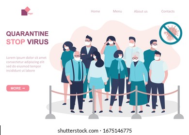 Viral quarantine landing page template, sick masked people. Group of infected people quarantined. Various Global Virus covid-19. Human characters in protective masks blocked. Pandemic spread. Vector