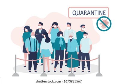 Viral quarantine, sick masked people. Group of infected people quarantined. Various Global Virus covid-19. Human characters in protective masks blocked. Disease and pandemic spread.Vector illustration