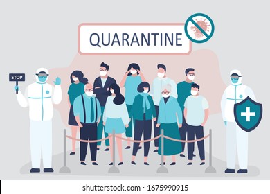 Viral quarantine, sick masked people. Group of infected people quarantined. Global Virus covid-19. Medical staff in protective uniform. Disease and coronavirus pandemic spread. Vector illustration