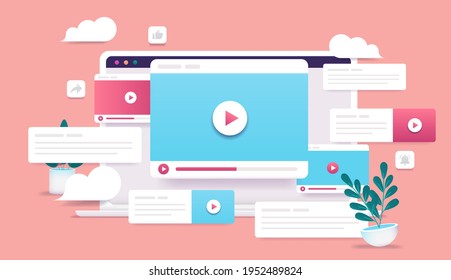 Viral spread video - Laptop with lots of video windows and content. Digital marketing and video content concept. Vector illustration.