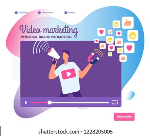 Viral Video Marketing. Personal Brand Promotion, Social Network Communication And Influencers Videos Market Vector Concept Illustration