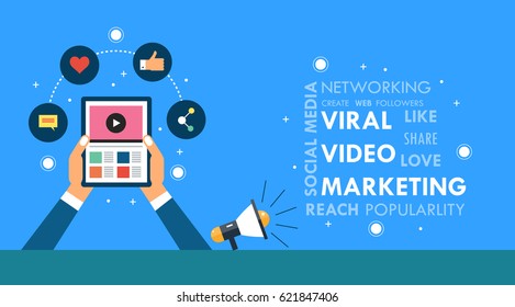 Viral video marketing, video promotion word cloud flat vector illustration with icons