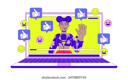 Viral videoblogger 2D linear illustration concept. African american female podcaster on laptop cartoon character isolated on white. Vblog popularity metaphor abstract flat vector outline graphic