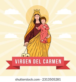 virgen del carmen hand drawn illustration in flat design style