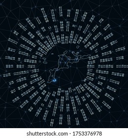 Virgin Gorda digital map. Binary rays radiating around a glowing island. Internet connections and data exchange design. Vector illustration.