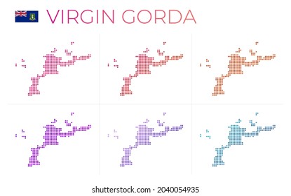 Virgin Gorda gepunktete Karte Set. Karte von Virgin Gorda im gepunkteten Stil. Grenzen der Insel gefüllt mit schönen glatten Gradientenzirkeln. Tolle Vektorgrafik.