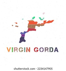 Virgin Gorda map design. Shape of the island with beautiful geometric waves and grunge texture. Stylish vector illustration.