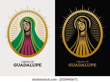 Virgin of Guadalupe, catholic Mexican holy mother saint stylized illustration oval design 