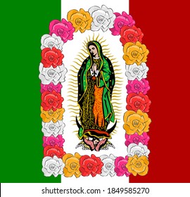 Virgin of Guadalupe, color Roses and mexican flagVector illustration.