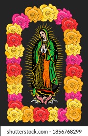 Virgin of Guadalupe, color Roses Vector illustration.