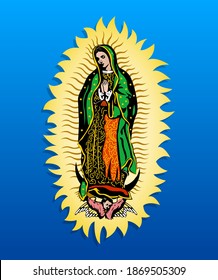 Virgin of Guadalupe, Mexican Deity colorful background.